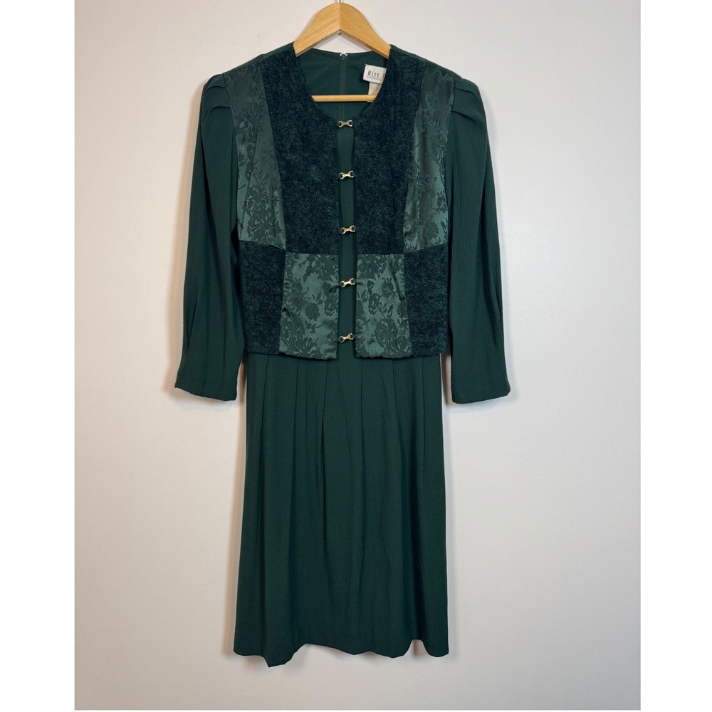 Vintage Edwardian Miss Dorby Mix Media Midi Dress Women 12 Green Floral Jacquard